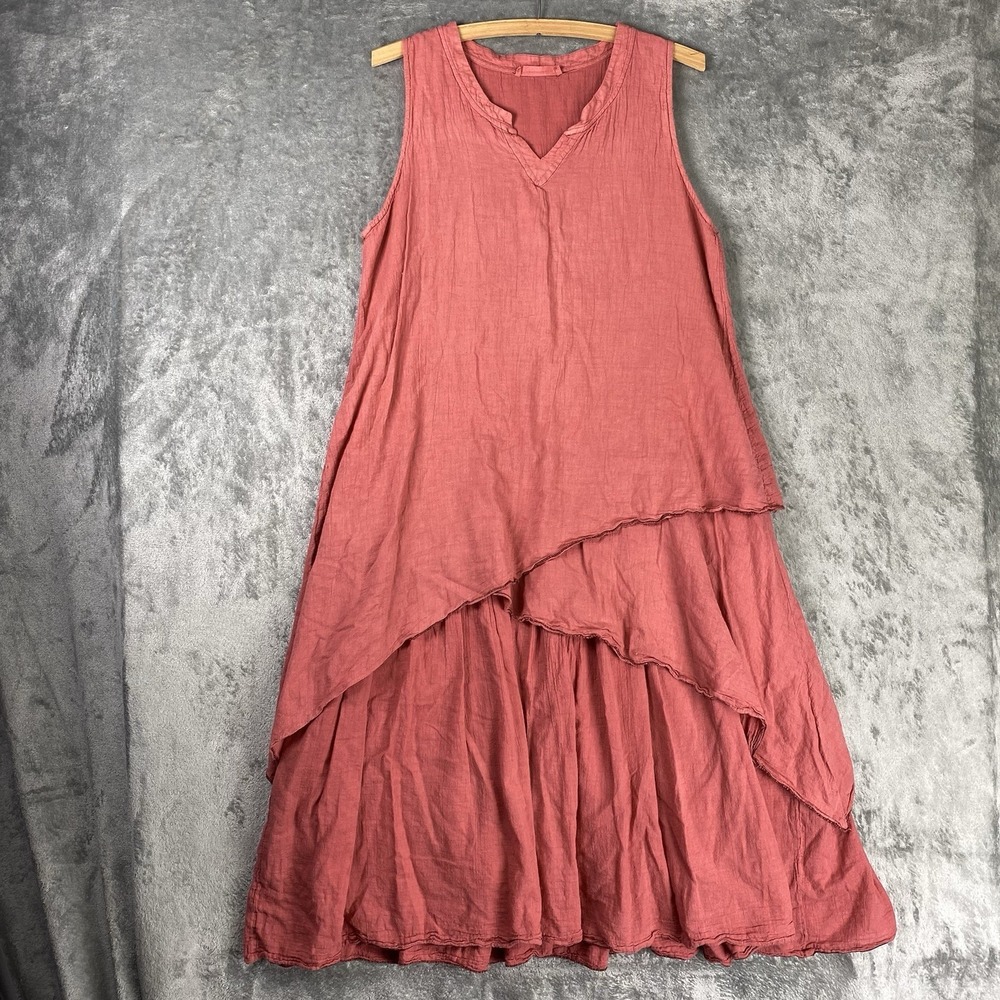 Layered Cotton Dress Womens Sz S Coral Pink Tiered Midi Boho Beach Coastal Artsy